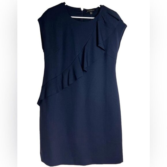 NWT BANANA REPUBLIC Crew Neck Asymmetrical Ruffle Navy Sheath Dress Lined Sz 8P - Picture 4 of 15
